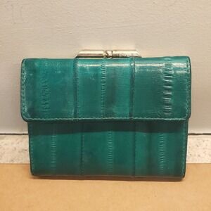 Vintage Eel Skin Wallet Women Small Teal Green Kiss Lock Coin Bi-Fold Exotic